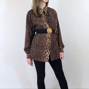 80s 90s Vintage Silk Leopard Print Blouse